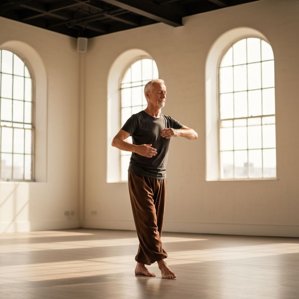 Person engaged in gentle flowing movements in bright studio